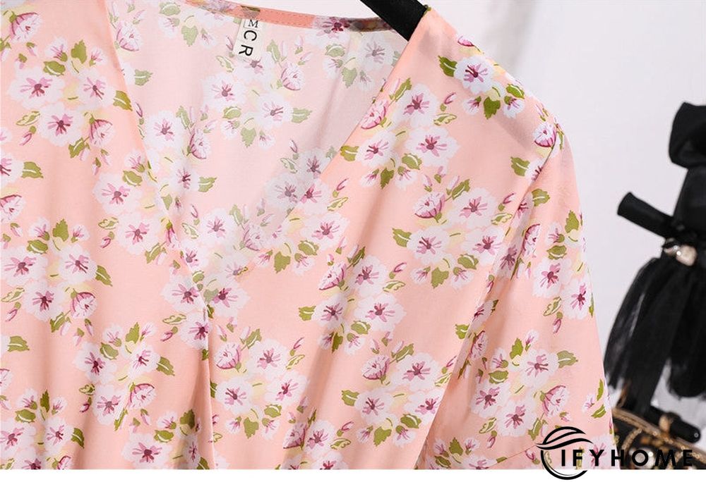 Spring Summer Chiffon Women V-Neck Floral Print Short Dresses Sweet Ruffle Sleeeve Slim Drawstring Ladies Dress | IFYHOME