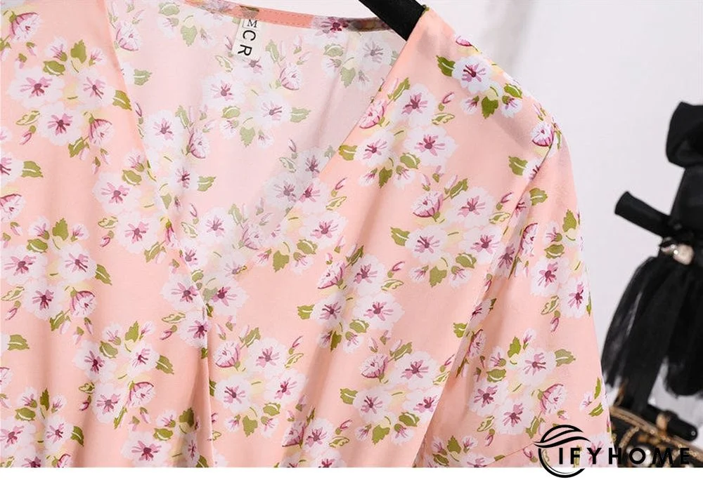 Spring Summer Chiffon Women V-Neck Floral Print Short Dresses Sweet Ruffle Sleeeve Slim Drawstring Ladies Dress | IFYHOME