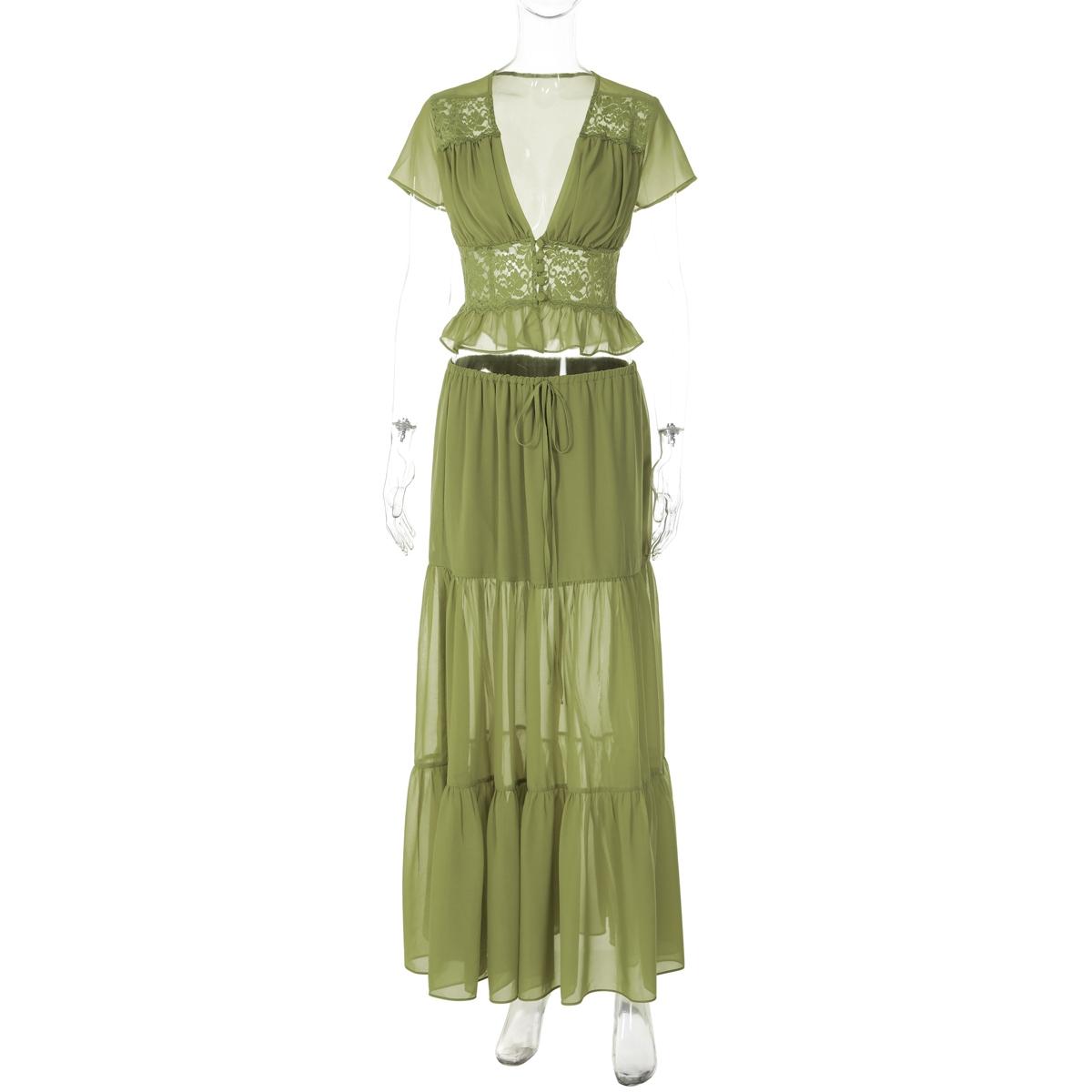 Women Summer Short Sleeve V Neck Tops Long Skirt Beach Vacation Chiffon Two Piece Set Outfit Women Summer Short Sleeve V Neck Tops Long Skirt Beach Vacation Chiffon Two Piece Set Outfit