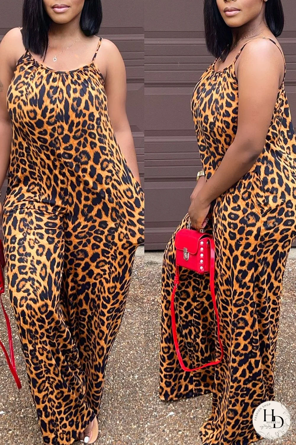 Leopard Print Casual Print Leopard Patchwork Spaghetti Strap Plus Size Jumpsuits