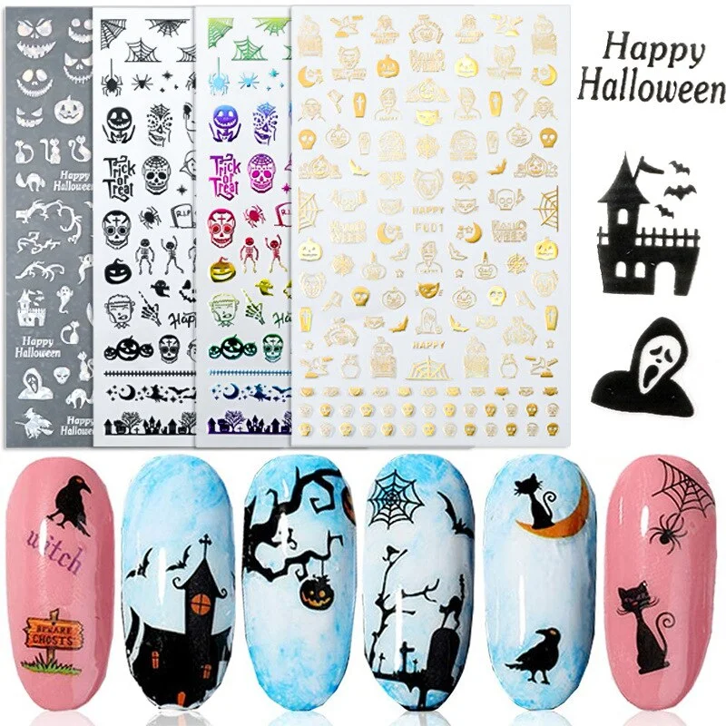 Halloween Nail Art Stickers Laser Black and White Skull Bat Spider Web Pumpkin Sticker Designer 3D Manicure Art Decals 9*16CM