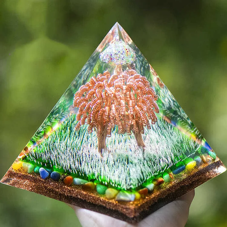 Olivenorma Ogham Copper Coil Tree Color Agate Orgone Pyramid