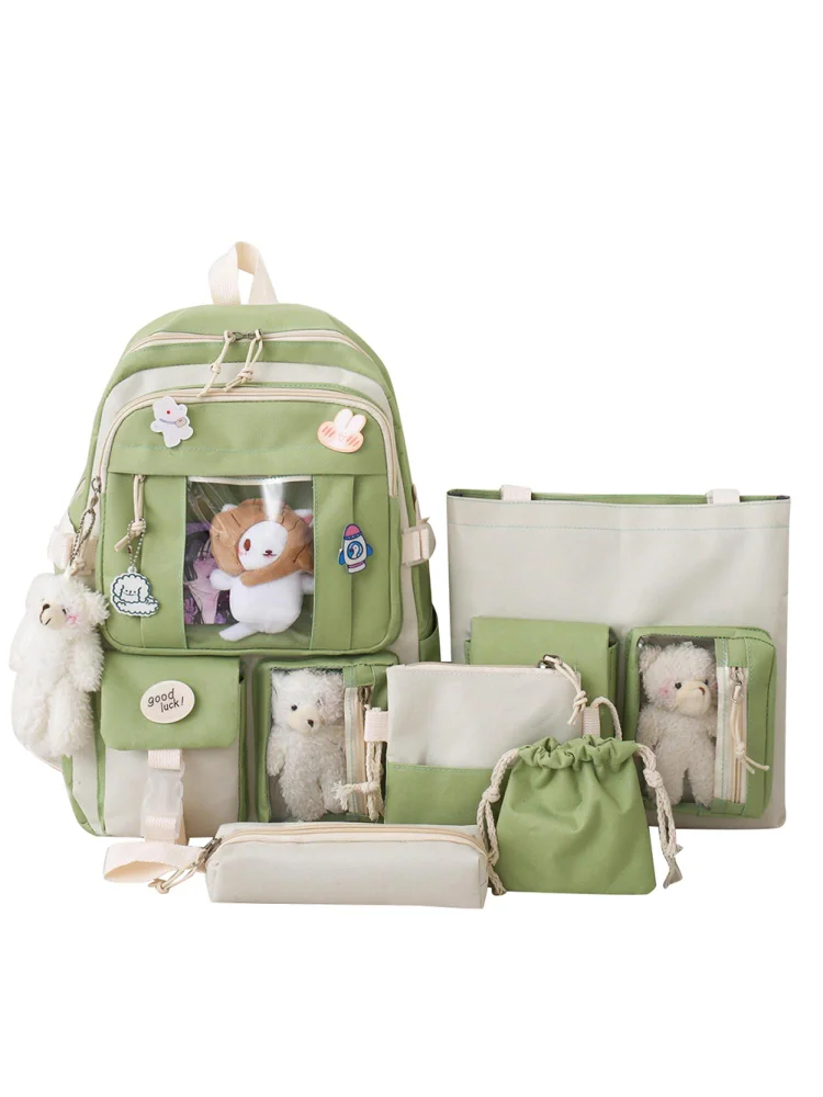 5pcs/set Canvas School Backpacks Women Kawaii Student Schoolbags (Green)