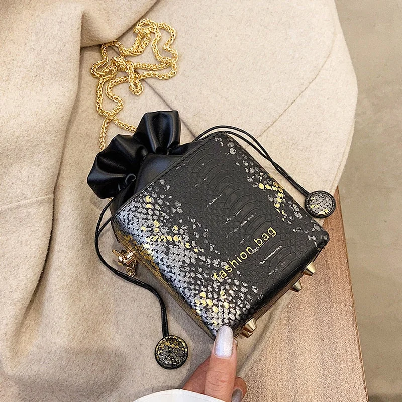Mini Box PU Leather Crossbody Bag For Women 2022 Winter Chain Drawstring Shoulder Bag Branded Designer Handbags And Purses