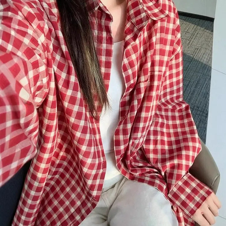 Women's Oversized Plaid Shirt Long Sleeve Cotton Top