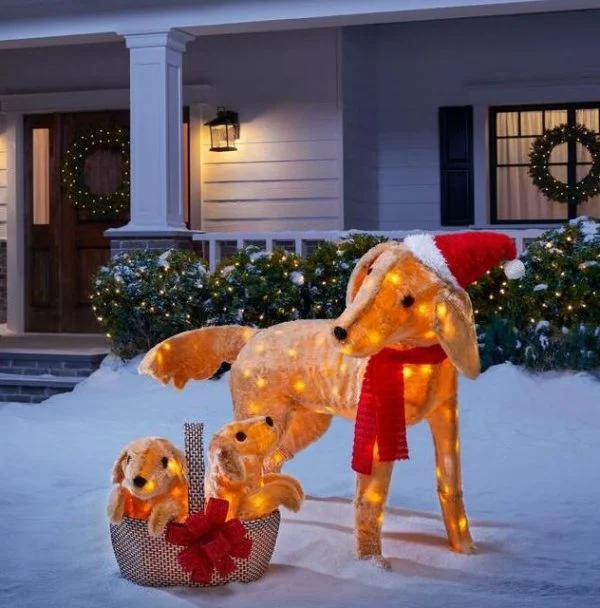🔥kukelife🔥Christmas-2 piece adorable dogs led golden retriever with basket of puppies