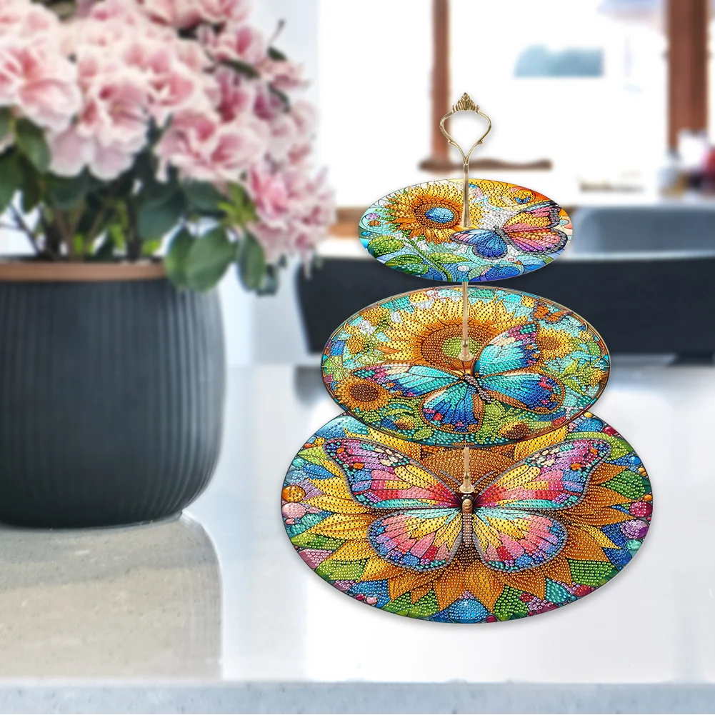 5D DIY 3 Tier Acrylic Butterfly Sunflower Diamond Painting Serving Tray for Home