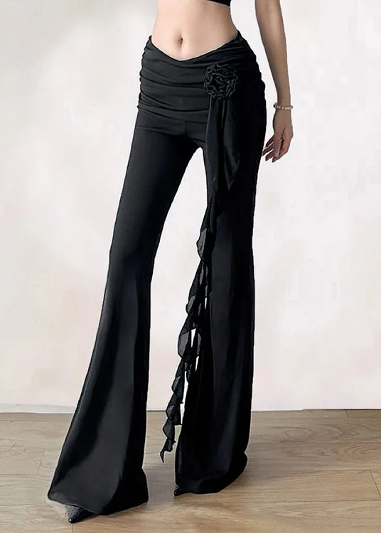 Fine Black Floral Decoration High Waisted Flared Trousers Summer