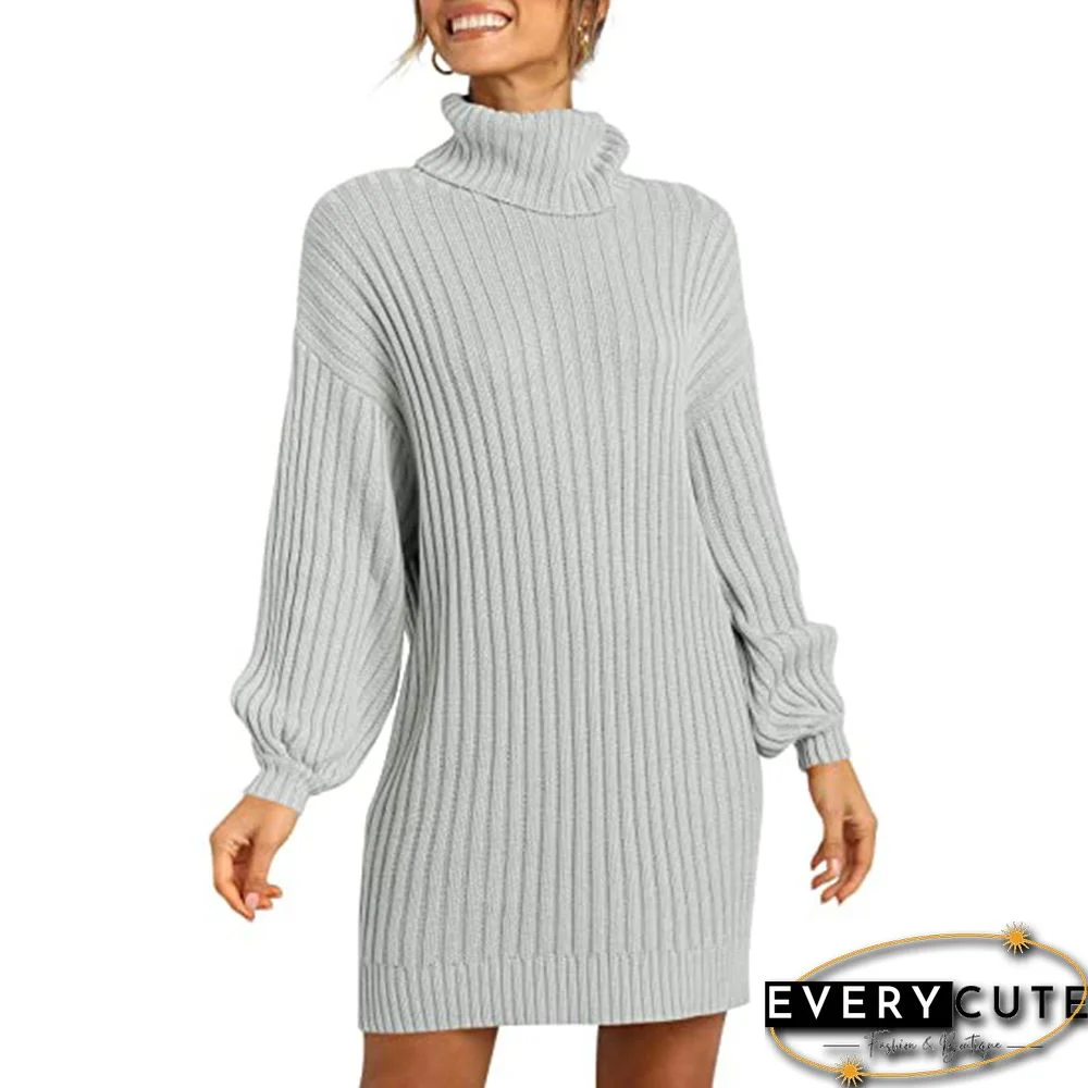 Light Gray High Collar Knit Long Sleeve Sweater Dress