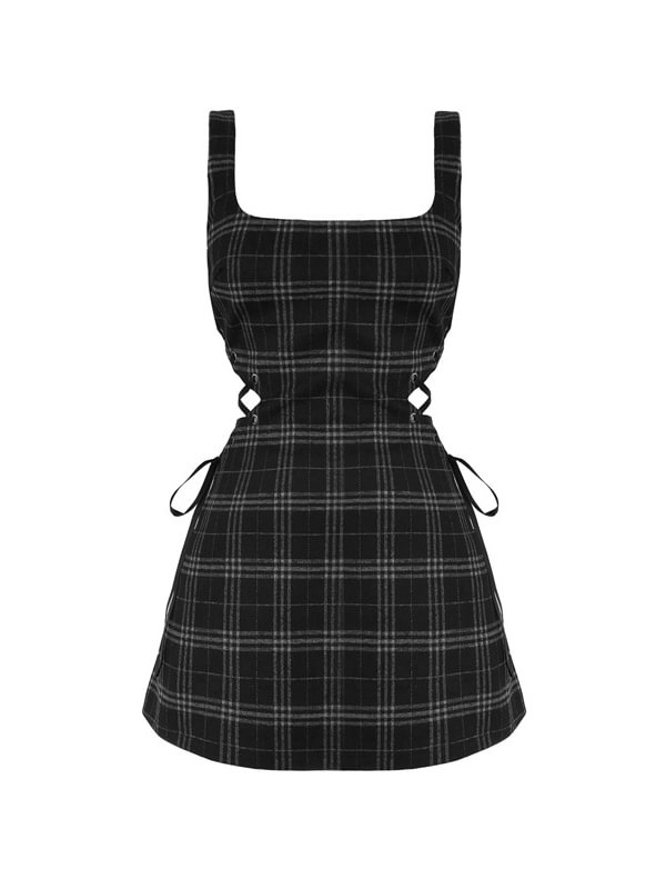 Dark Classic Checkered Cutout Lace Up Spaghetti Straps Dress