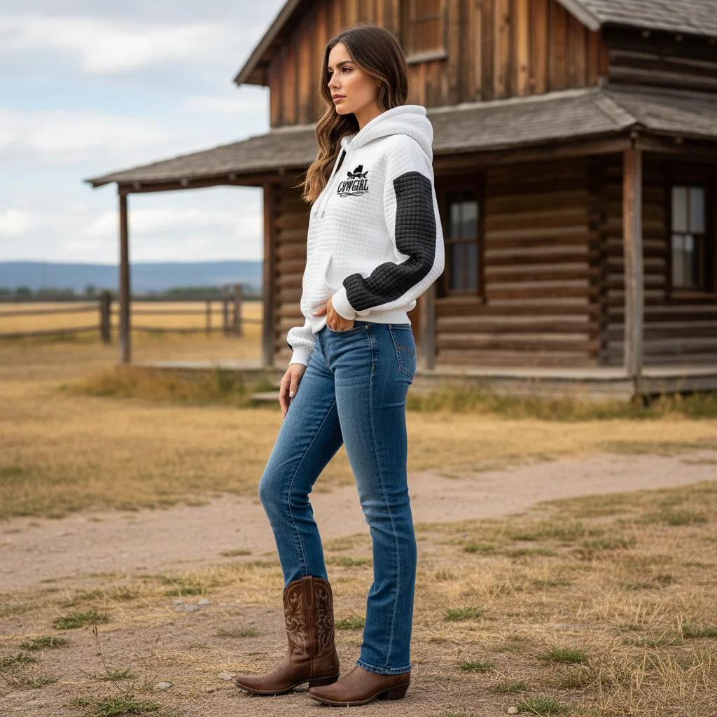 Women's Vintage Cowgirl White And Black Waffle Quilted Plaid Pocket Hoodie