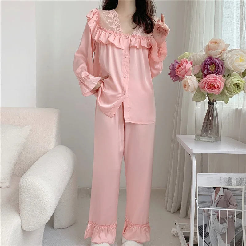 Female 2Pcs Pajamas Set Palace Style Princess Sleepwear Sweet Lace Ruffle Trouser Suits Nightwear Spring Autumn Rayon Home Wear