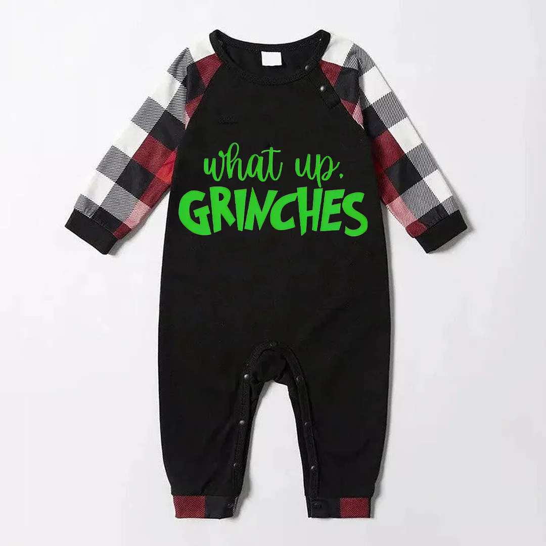 Christmas 'What Up' Letter Print Casual Plaid Sleeve Contrast Tops and Red & Black & White Plaid Pants Family Matching Pajamas Set With Dog Bandana