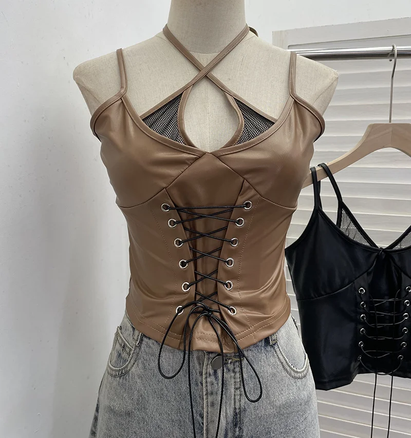 Nigikala Nigikala Shooting Locomotive Punk Pu Splicing Fishing Net Hanging Neck Sling Vest Babes Wearing Rope Repair Short Blouse 8106