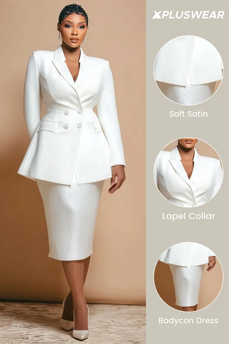 Xpluswear Design Plus Size Business Casual Satin White Lapel