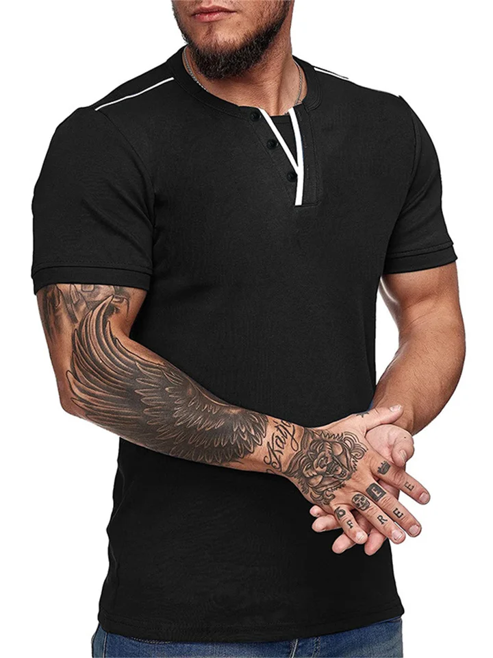 Summer New Men's Short-sleeved Fashion Urban Collarless Pullover T-shirt Clothing V-neck Henry Solid Color T-shirt X Slim-type Men | 168DEAL