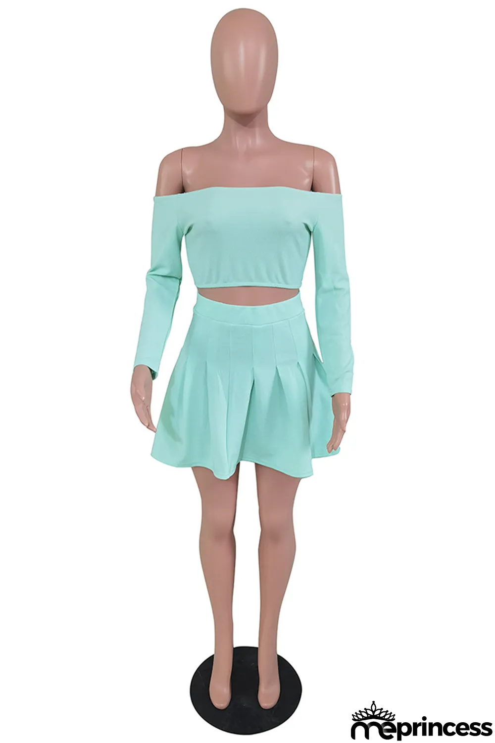 Cyan Sexy Casual Solid Backless Off the Shoulder Long Sleeve Two Pieces