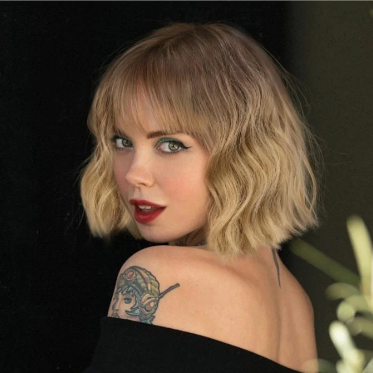 Curly Bob Wig with Bangs Natural Looking Short Ombre Brown Mixed Blonde Wig