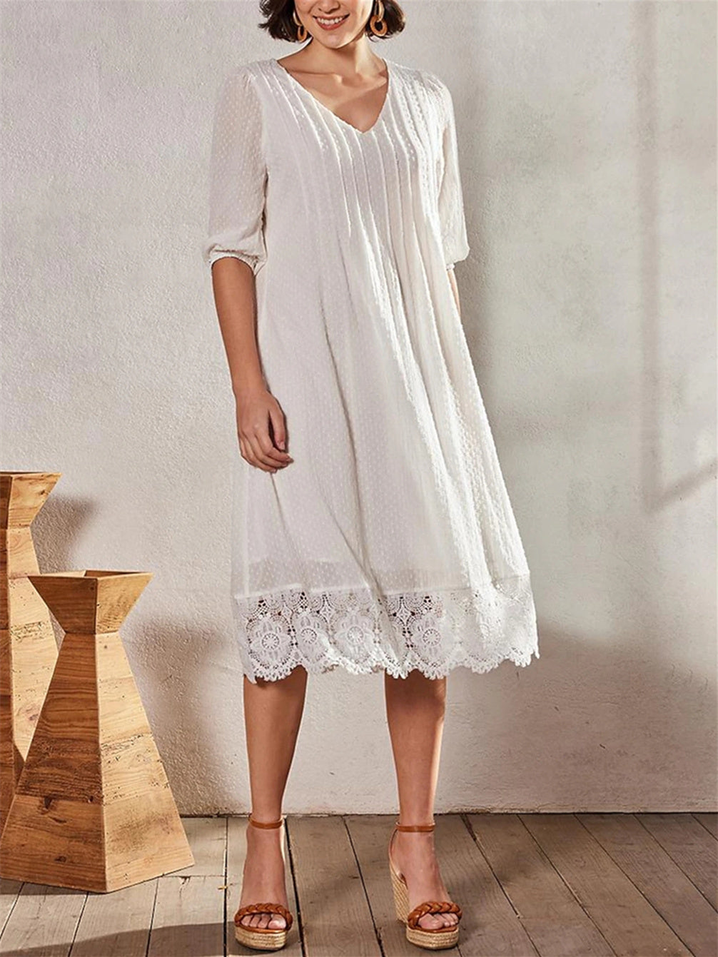 Women's Half Sleeve V-neck Solid Color Lace Midi Dress