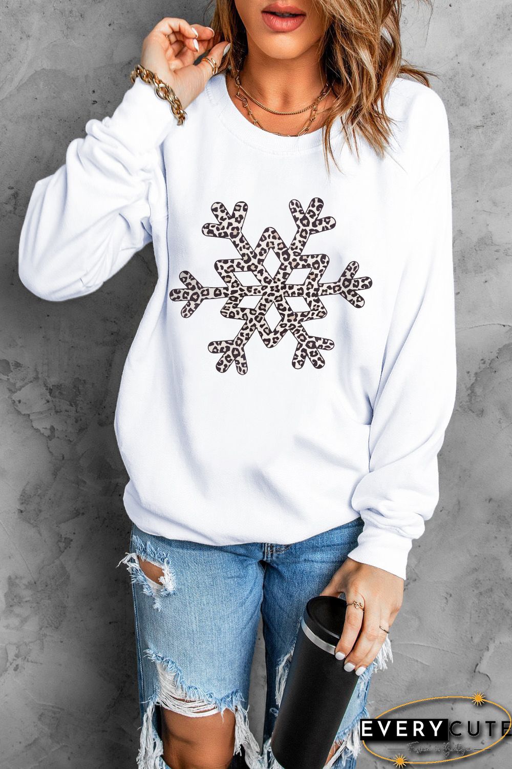 White Leopard Snowflake Pullover Sweatshirt