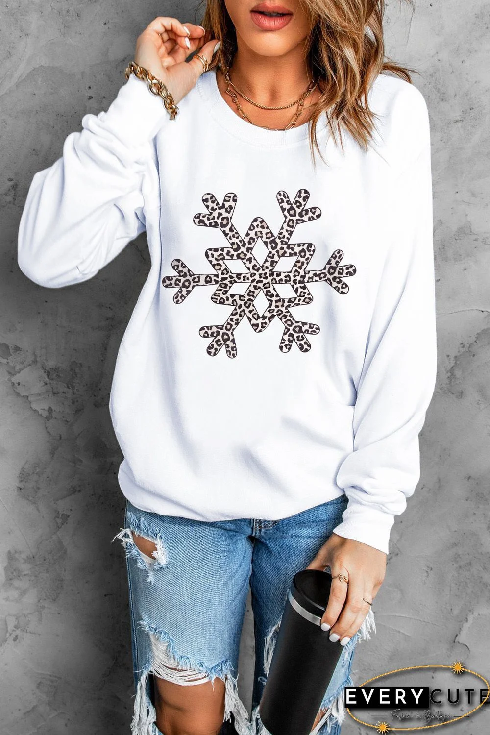 White Leopard Snowflake Pullover Sweatshirt