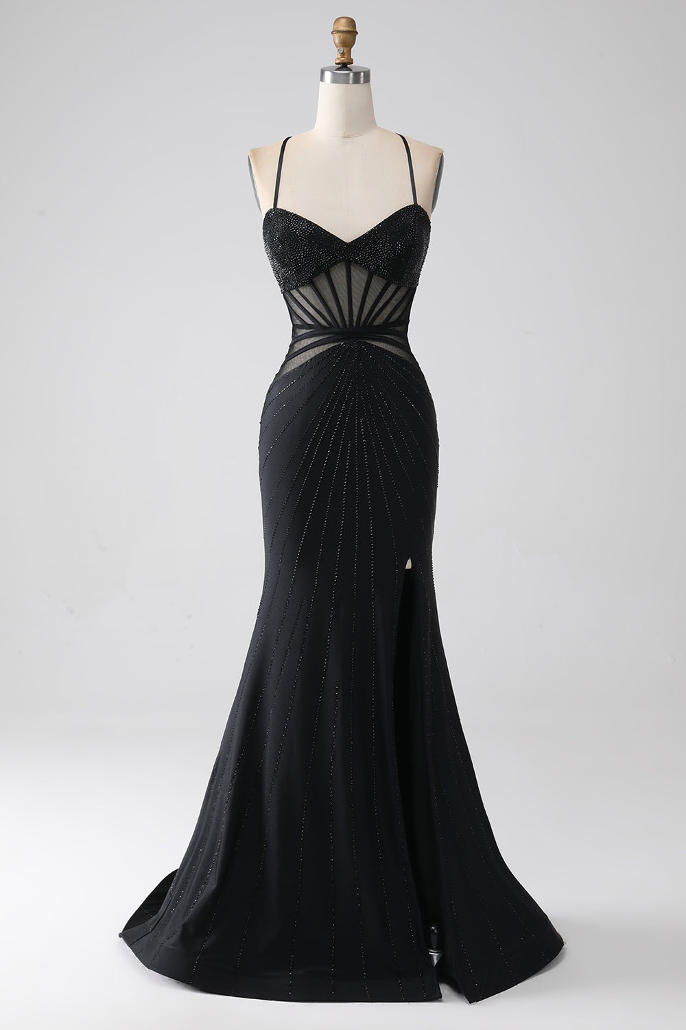 Daisda Black Sleeveless Spaghetti Straps Sweethearts Prom Dress With Beads