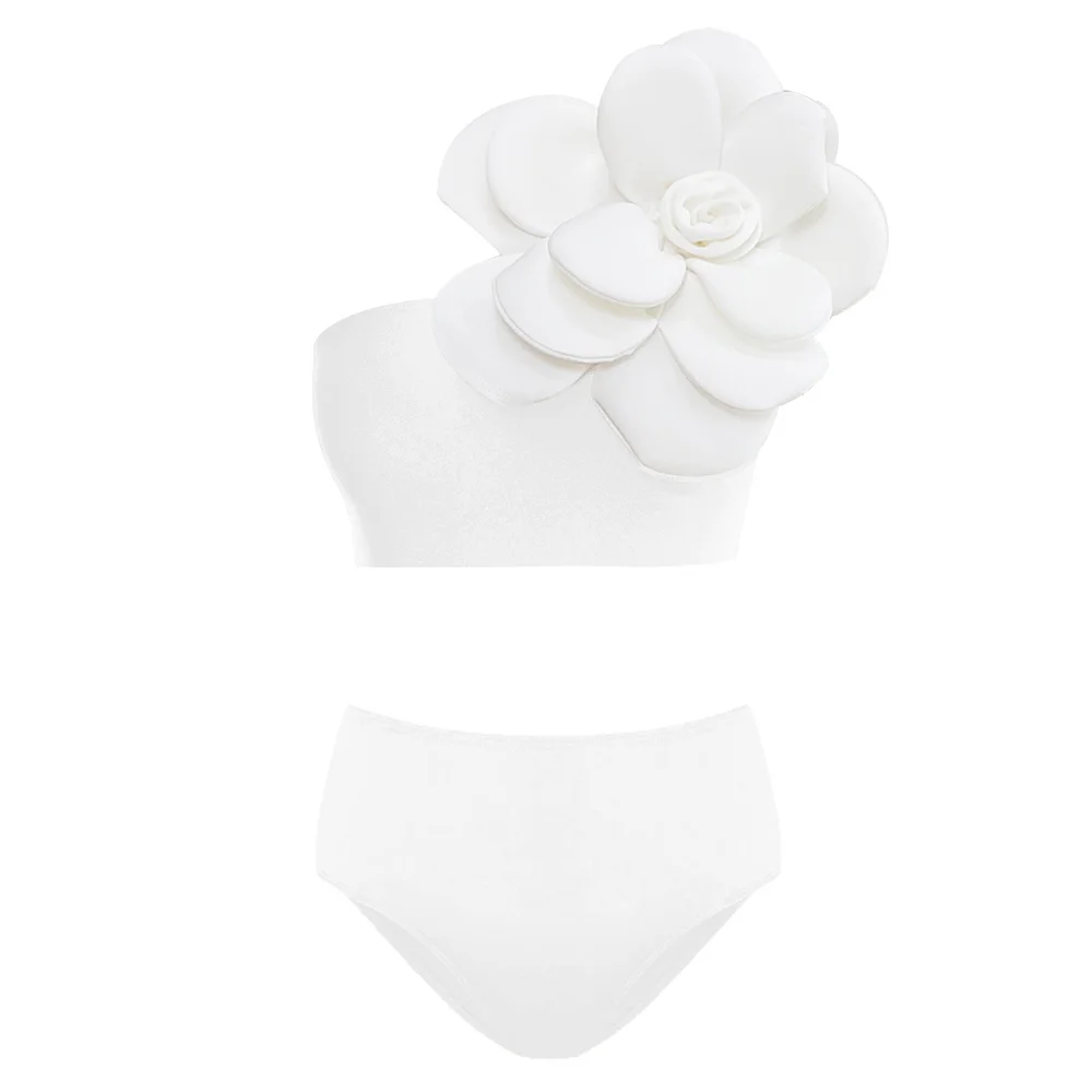 Churchf One-Shoulder Three-Dimensional Flower High-Waisted Solid Color Split Swimsuit Woman 2025 New Bikini