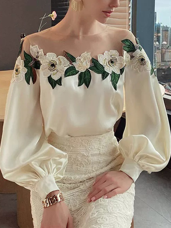 Embroidered Floral Off Shoulder Mesh Shirt