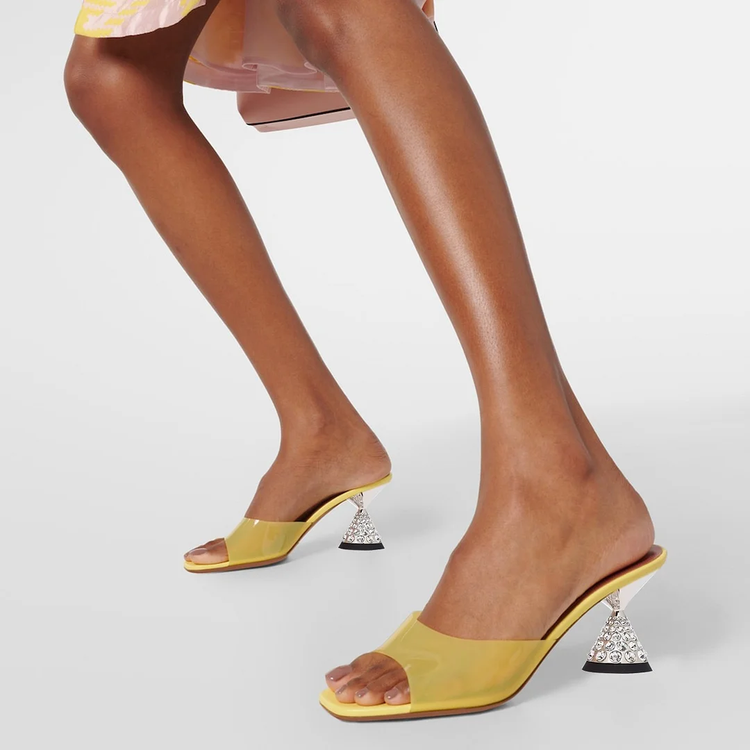 Fashion Yellow Sculptural Heel Clear Rhinestone Women's Mules Shoes