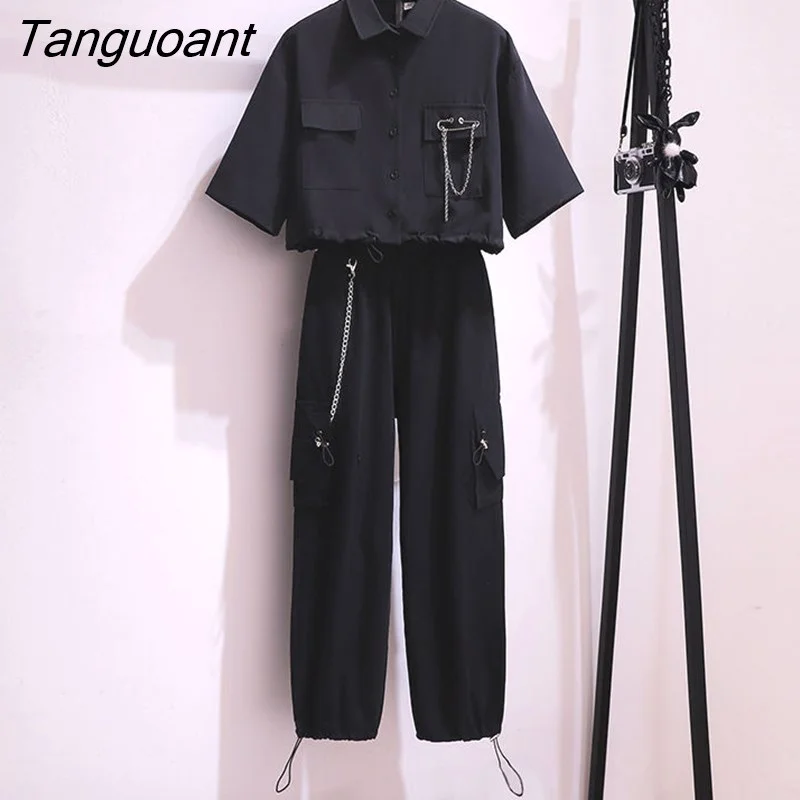 Tanguoant Women Sets Turn-down Collar Pockets Crop Tops Short Sleeve T-shirts Elastic Waist Chain Tie Feet Cargo Pants Casual Ulzzang Chic