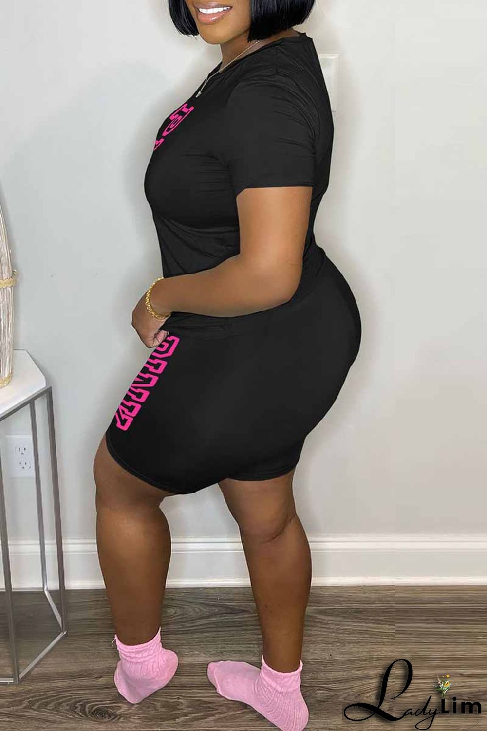 Blue Casual Print Letter O Neck Short Sleeve Two Pieces