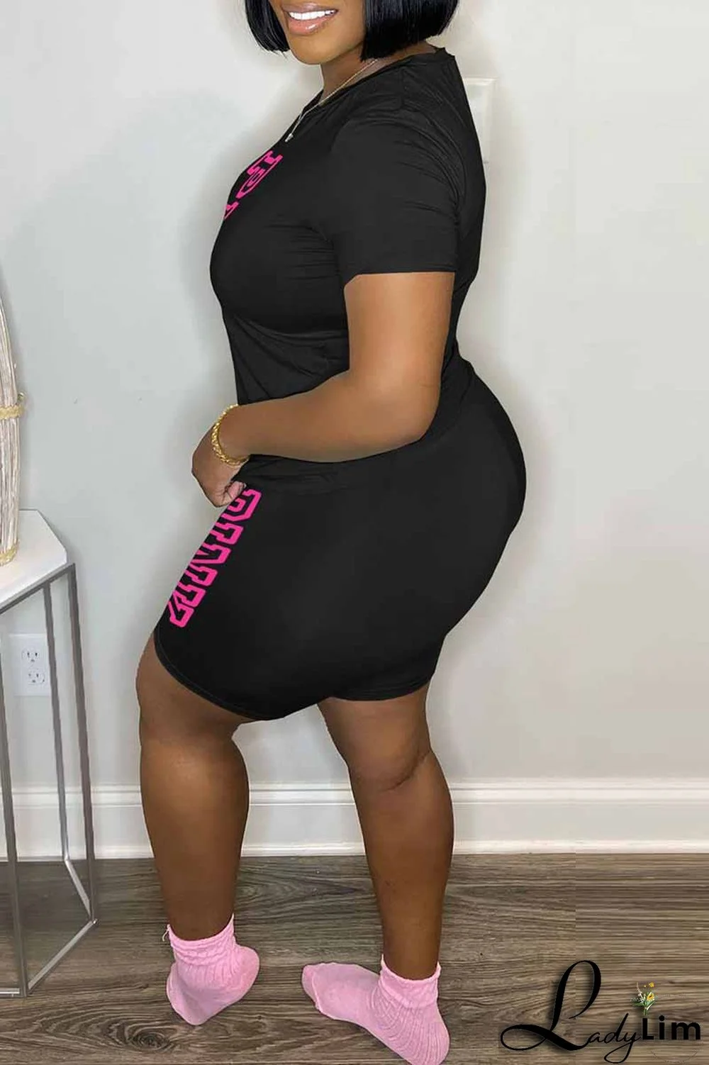 Blue Casual Print Letter O Neck Short Sleeve Two Pieces