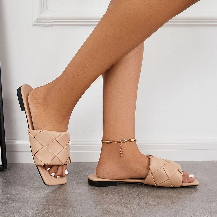 Square Toe Woven Flat Slippers Slip on Slide Sandals