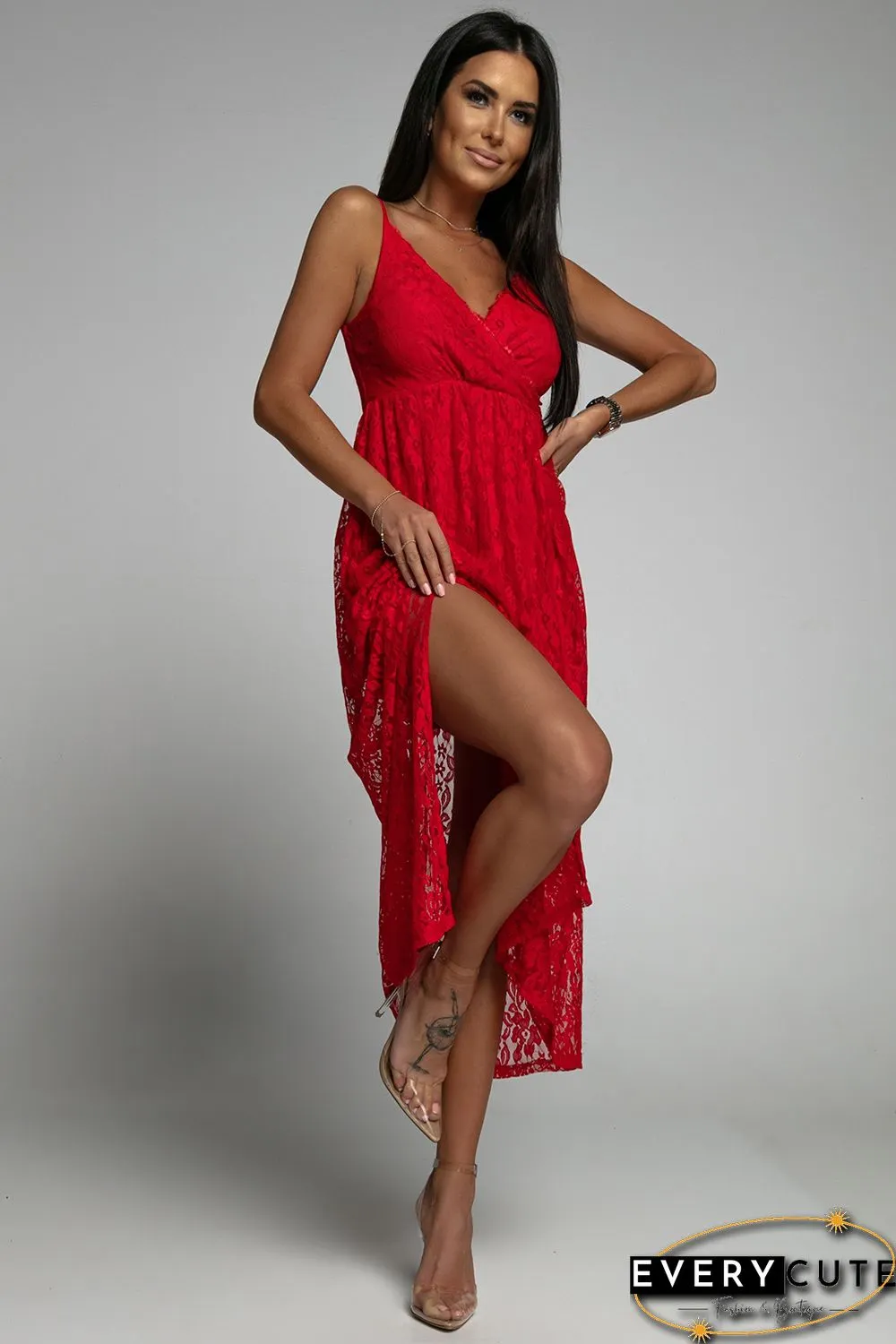 Red Lace V Neck Wrap Spaghetti Straps Maxi Dress