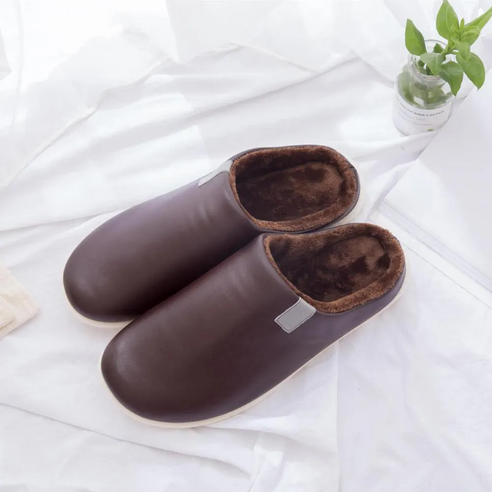 Winter Warm Slippers Men Waterproof Plush Velvet Leather Slippers Cozy Cotton Home Slippers for Men Non Slip Soft Indoor Shoes