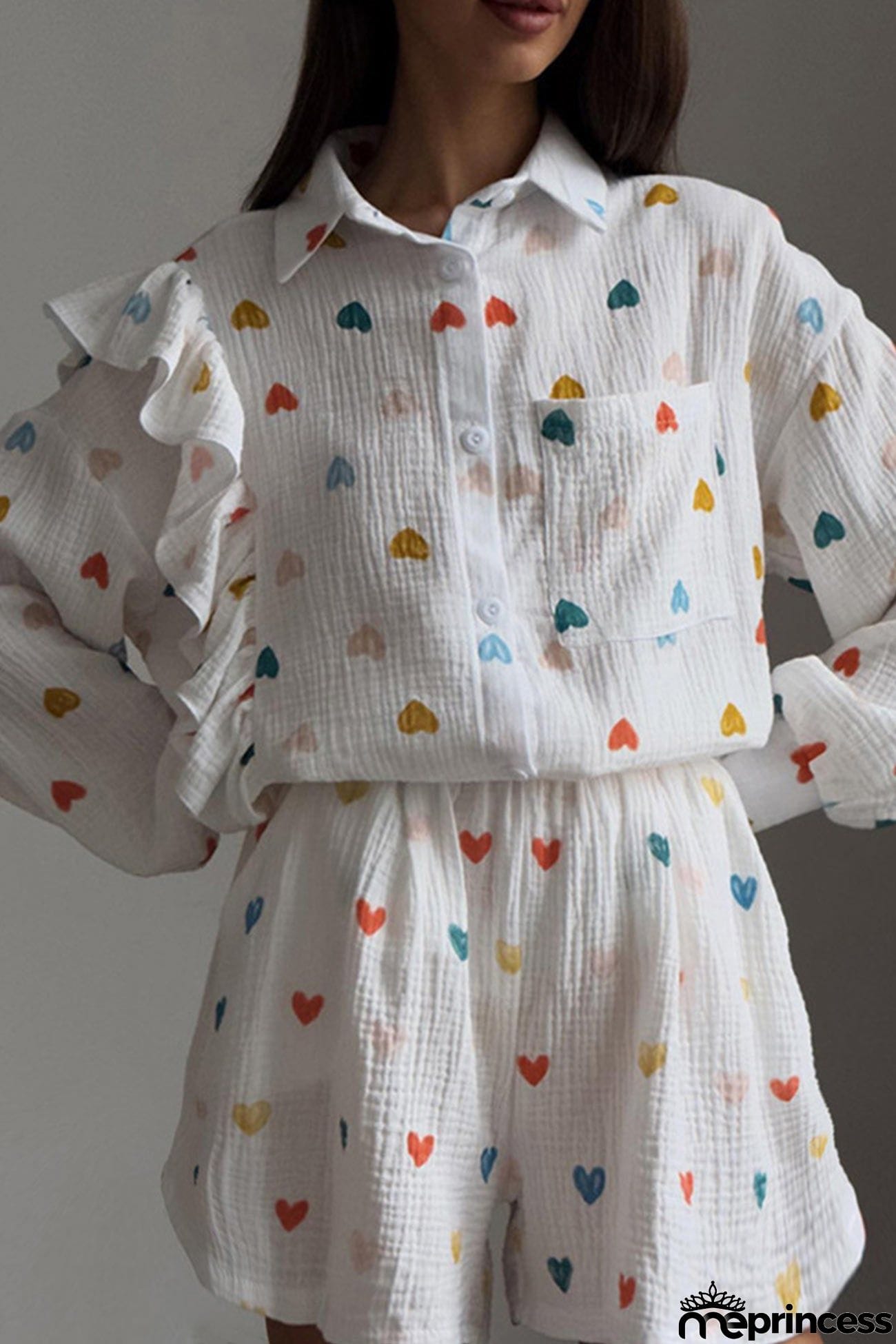 Heart Print Ruffle Long Sleeve Shirt Two Piece Shorts Set
