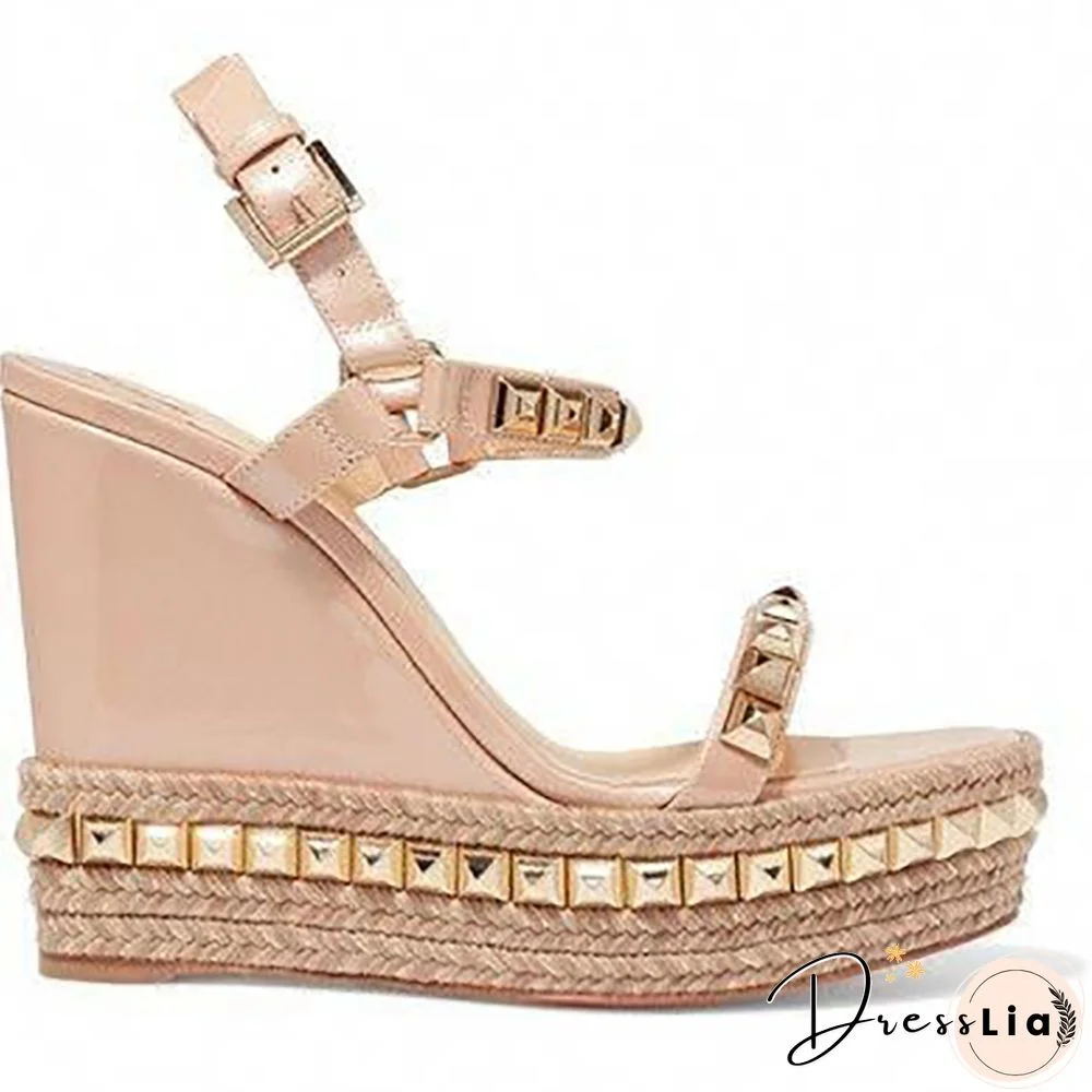 Rivet Wedges Sandals Waterproof Super High Heel Summer Women Shoes Ankle Buckle Round Open Toe Cut Out Silver Sandals