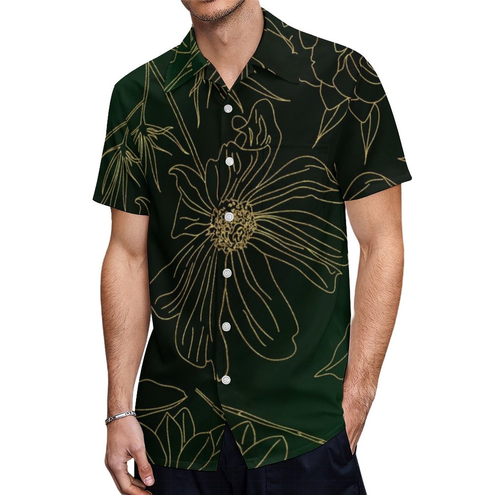 Elegant Gold Flowers Outline Green Gradient Design Hawaiian Shirt Mens Button Down Tropical Hawaii Beach Shirts