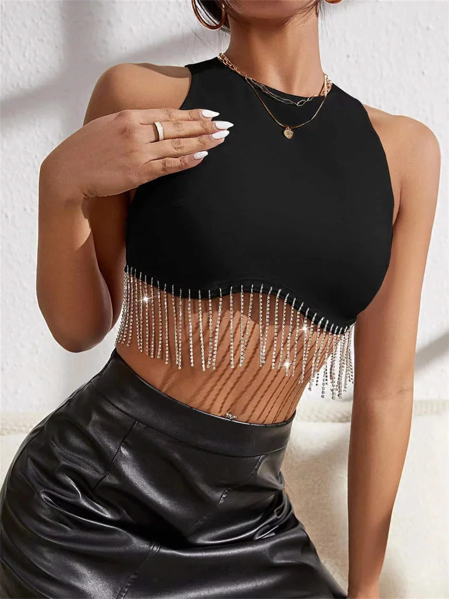 Oocharger Rhinestone Tasseled Summer Crop Tops Women Chic Sleeveless Crew Neck Tank Tops Club Party Streetwear Sexy Vest Tops