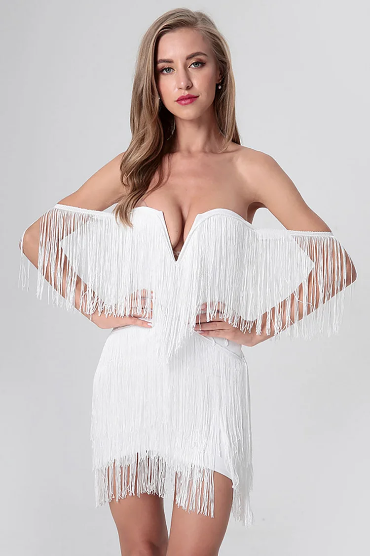V Neck Fringed Strapless Off Shoulder Slim Fit Prom Party White Mini Dresses