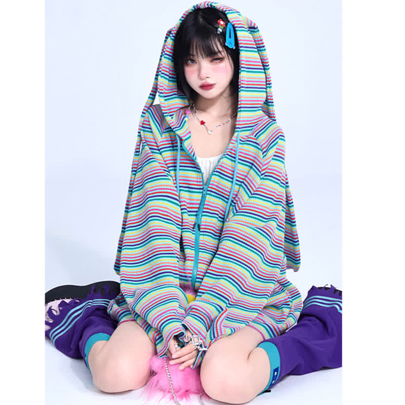 Long Bunny Ears Pocket Oversize Zipper Hooded Sweatshirt