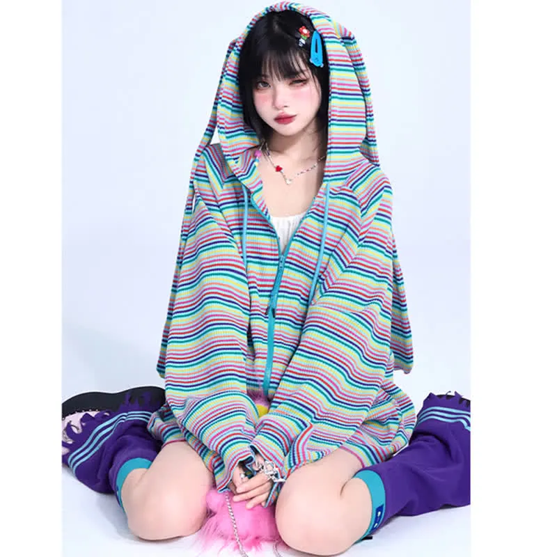 Long Bunny Ears Pocket Oversize Zipper Hooded Sweatshirt