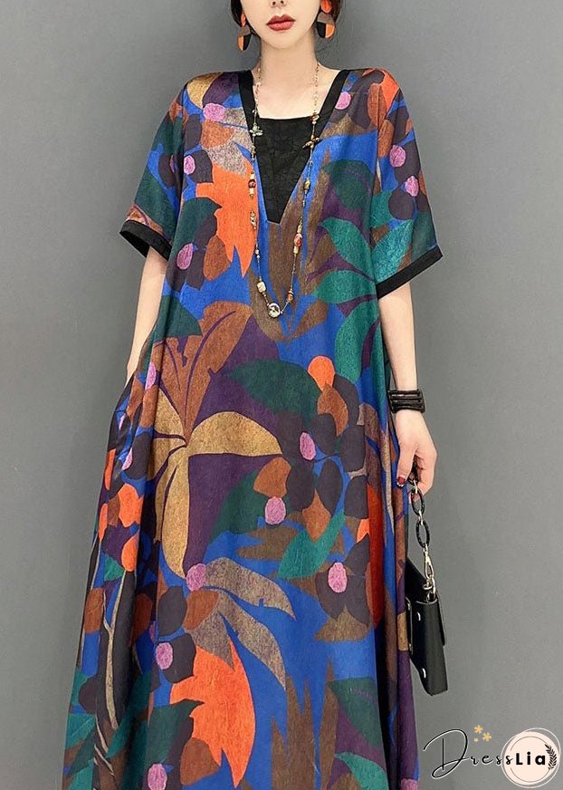 Natural Colorblock V Neck Print Patchwork Cotton Dress Short Sleeve