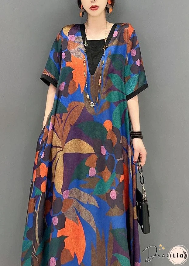 Natural Colorblock V Neck Print Patchwork Cotton Dress Short Sleeve