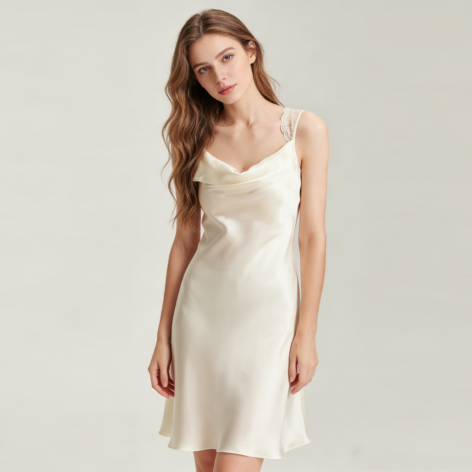 Women's 100% Mulberry Silk Midi Length Nightgown with Lace Detail REAL SILK LIFE