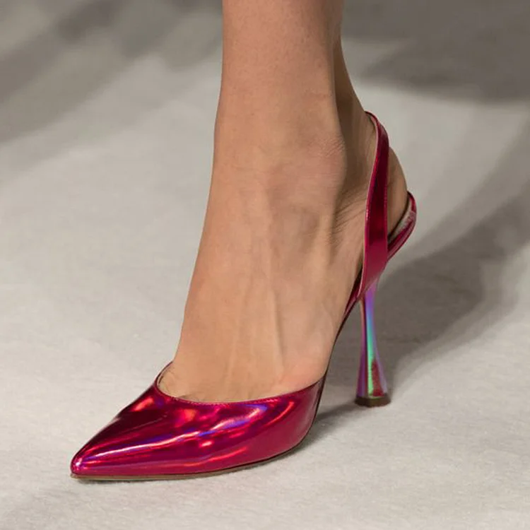 FSJ Hot Pink Patent Leather Pointed Toe Flared Heel Slingback Pumps |FSJ Shoes