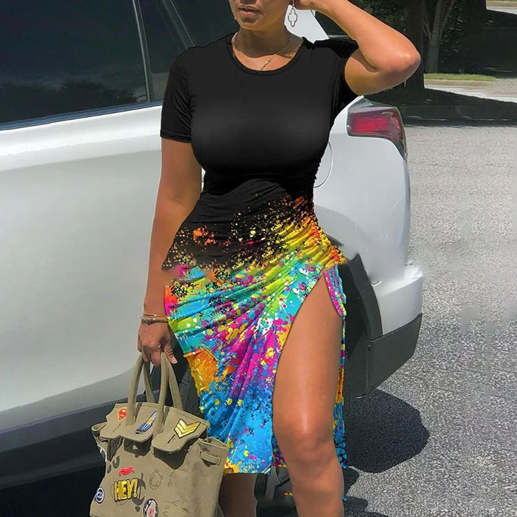 Spring/Summer Camo Print Drawstring Casual Dress 2023 fashion Women's Tie Dyed Round Neck Slim Fit Split Fashion Dress Vestidos 2XL