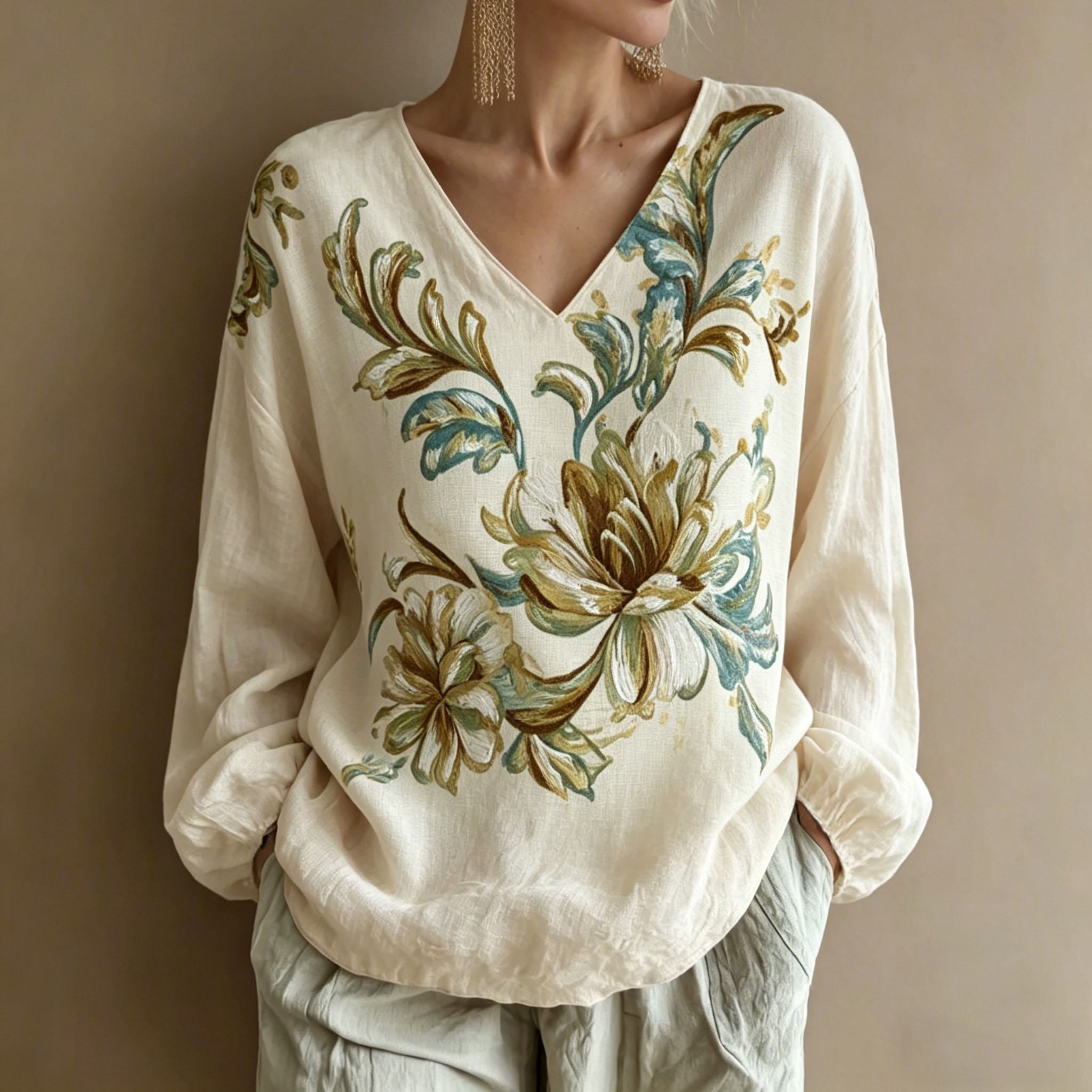 Women's Floral Art Pattern Linen Blend V-neck T-shirt elevenforest
