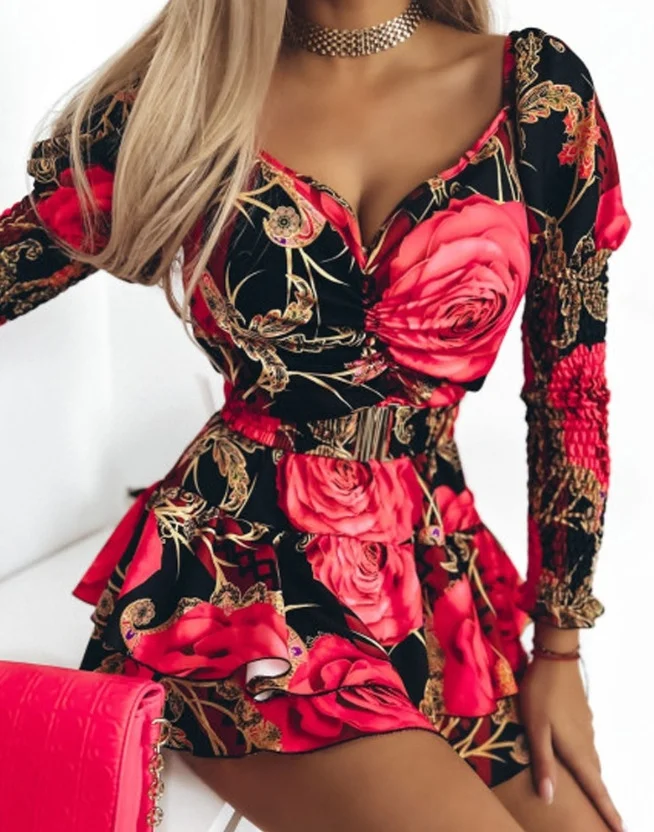 Ueong New Flower Printing Waist V Collar Bubble Sleeve Dress