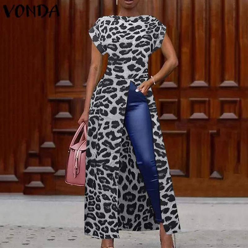 Elegant Leopard Print Blouse Women Tunic VONDA 2022 Female Tops Vintage Long Shirts Office Holiday Split Party Blusas Femininas